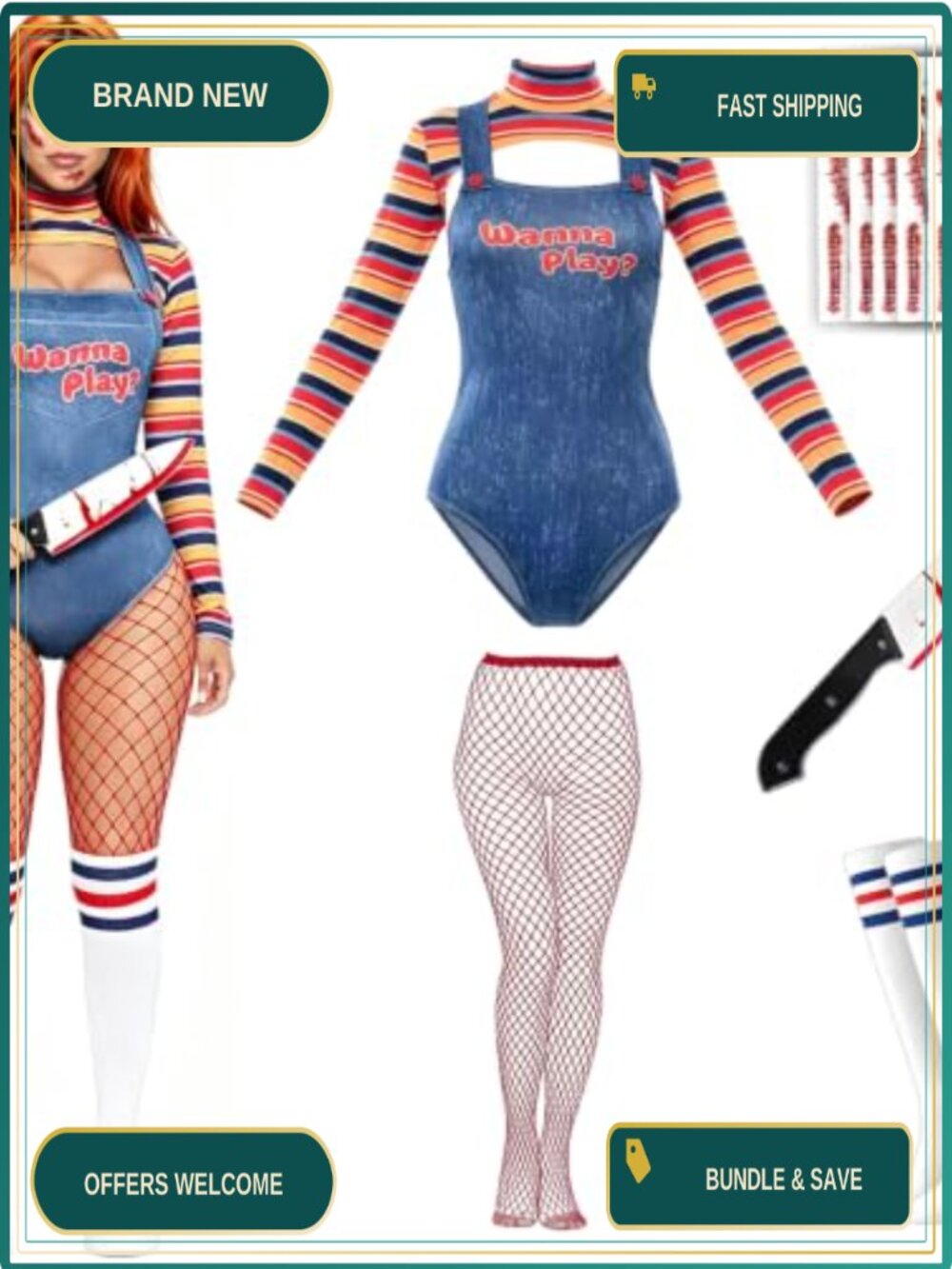 6 Pc Women Halloween Cosplay Costume Set Polyester Spandex Bodysuit